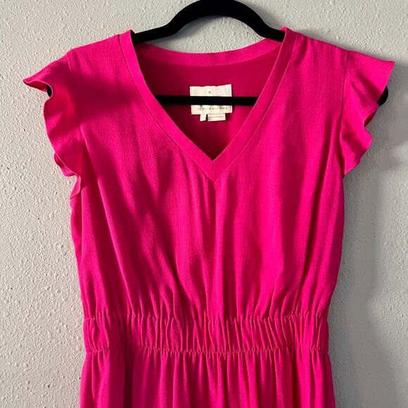 Kate Spade Hot Pink Flutter Sleeve Dress Size 2 V-Neck Midi Barbie Date Night - Picture 2 of 6